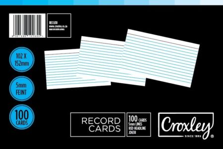 image | 521d23bfe5410be303c48282f9260e3f | CROXLEY JD638 Record Cards 102x152 Cello 100's per Packet | Croxley SA