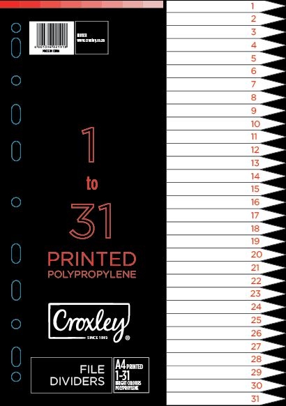 image | 7b1eabd6e29f7f9eb1dad74744a80a13 | CROXLEY Indices Polypropylene - Printed 1-31 Divider Set | Croxley SA