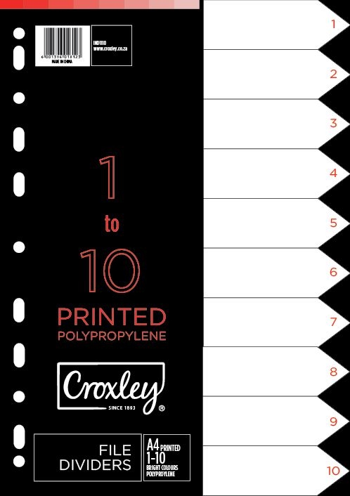 image | ce85aef4c80e1f2675b54604c0ba9826 | CROXLEY Indices Polypropylene - Printed 1-10 Divider Set | Croxley SA